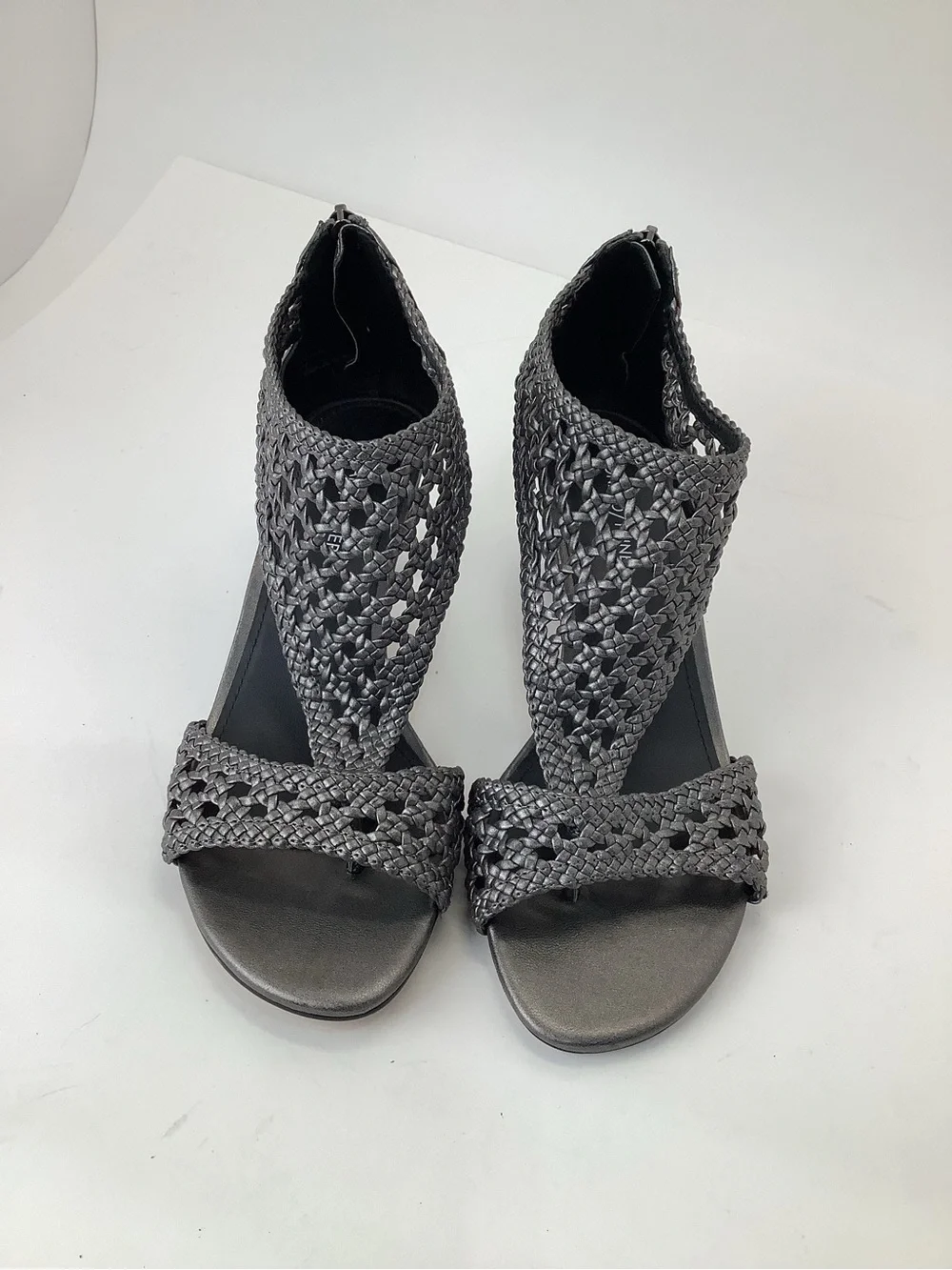 Donald J. Pliner Verona Gray Woven Leather Mid Heel Sandals